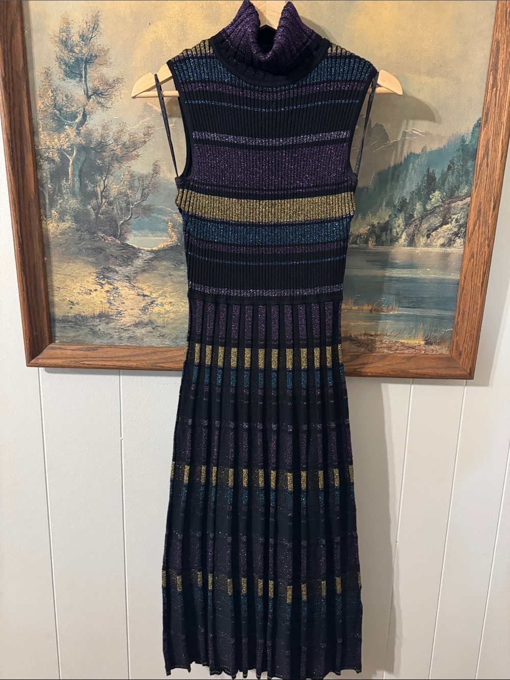 Maggy London Sleeveless Turtleneck Midi Dress in Purple, Navy and Gold